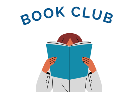 A reader has their face hidden by a book. Text above the image says "Book Club"