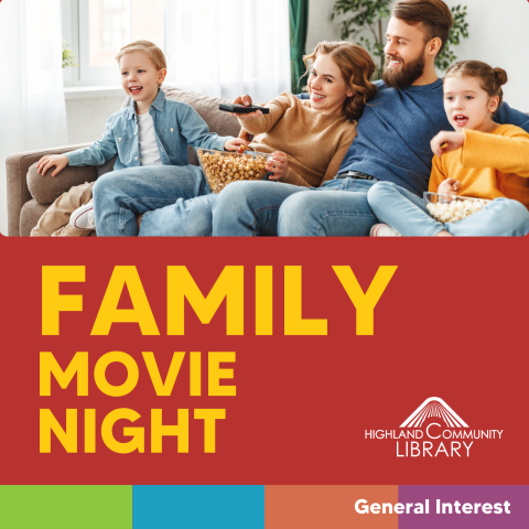 Family eating popcorn on a couch with family movie night written beneath